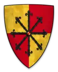 Arms of Geoffrey de Mandeville, Earl of Essex and Gloucester: Quarterly Or and gules, an escarbuncle sable.