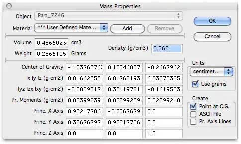 Property window outlining the mass properties of a model in Cobalt
