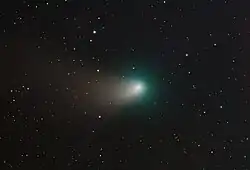The comet on February 13, 2023, with its dust tail and ion tail visible.