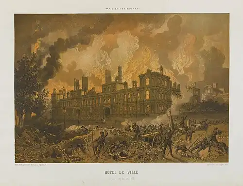 Hôtel de ville fire - Lithograph by Léon Sabatier and Albert Adam Paris et ses ruines, 1873 - Bibliothèque historique de la ville de Paris.
