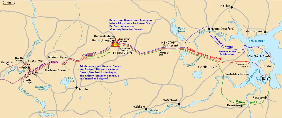 Historical map of central Massachusetts, showing routes in different colors
