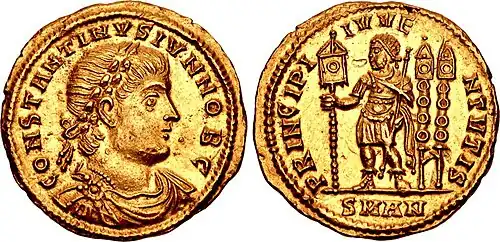 Solidus of Constantine II as caesar (aged 19), marked: constantinus iun· nob· caes· on the obverse ("Constantine Junior, Noblest Caesar") and principi iuventutis (Princeps of youth) on the reverse