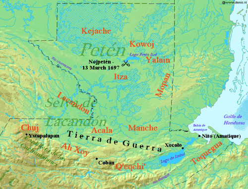 Northern Guatemala is a flat lowland plain dropping off from the Cuchumatanes mountain range sweeping across in an arc to the south. To the east of the mountains is the large lowland Lake Izabal, with an outlet into the Amatique Bay to the east, which itself opens onto the Gulf of Honduras. Immediately north of the mountains is the Lacandon forest, with Petén to the northeast. Ystapalapán was a settlement in the western Cuchumatanes, in the territory of the Chuj. Cobán was in Qʼeqchiʼ territory, in the foothills halfway between Ystapalapán in the west and Lake Izabal in the east. Xocolo was at the northeastern extreme of Lake Izabal, where it flows out towards the sea. Nito, also known as Amatique, was on the coast where the river flowing out of the lake opened into the Amatique Bay. The area south of the lake was Toquegua territory. The Manche occupied the lands to the northwest of the lake, with the Acala to their west between the Manche and the Chuj. The Lacandon were northwest of the Acala, straddling the border with Mexico. Lake Petén Itzá was in the centre of Petén, to the north. It was the location of Nojpetén, with the Itza lands stretching southwards from the lake. To the east of the Itza and northeast of the Manche were the Mopan, on the border with Belize. North of the Mopan were the Yalain, east of Lake Petén Itzá. The Kowoj were to the northeast of the lake and the Kejache to the northwest. The "Tierra de Guerra" ("Land of War") covers a broad northern swathe of the mountains and the southern portion of the lowlands.