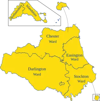 The wards and exclaves of the palatinate. Bedlingtonshire was part of Chester-le-Street Ward, and Craikshire was part of Darlington Ward.