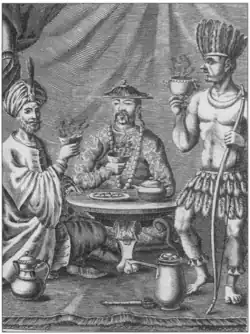 Black and white drawing of three figures in stereotypical ethnic garbs sitting around a table, holding cups
