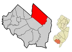 Location of Vineland in Cumberland County highlighted in red (left). Inset map: Location of Cumberland County in New Jersey highlighted in orange (right).