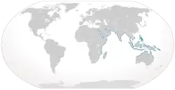 World map with blue coloring all around the periphery of the Indian Ocean from South Africa to northern Australia, and through Southeast Asia including the Philippines and New Guinea