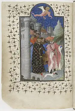 The man on the right wears a belted houppelande and a chaperon hat.