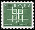 1963: A stylised cross design composed of 4 3-sided U shapes with CEPT inlaid. Designed by Arne E. Holm of Norway.