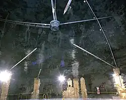 Zero point (warhead point) for shot Diamond Fortune. The test device would be affixed to the inverted tripod. The points extending from the walls are for blast measurement.