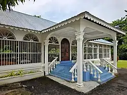The family mausoleum is located in the backyard