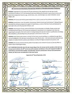 Salt Lake County joint Commemorative Resolution signed by mayor and nine council members