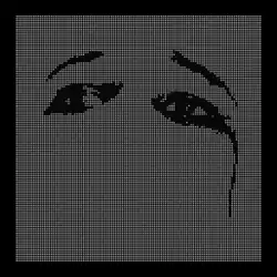 Across a black background is a display of 12,995 white dots. Patterned into this sheet of white dots are a pair of eyes and eyebrows above them; the right eye appears to have a tear falling from it.