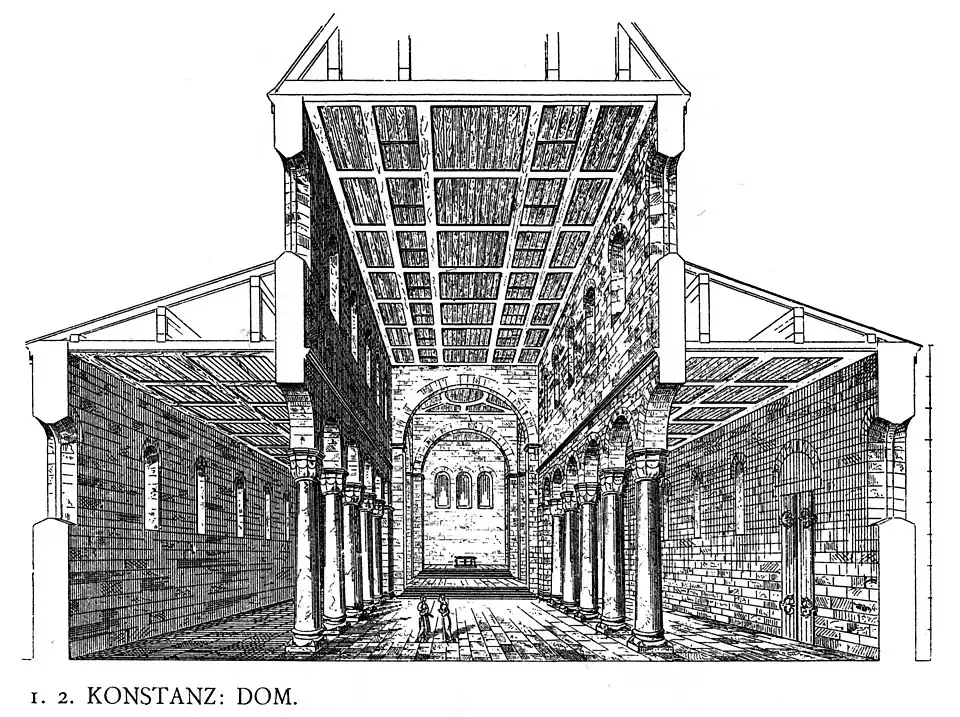 This drawing is a reconstruction by Dehio of the appearance of the Romanesque Konstanz Cathedral before its alterations in the Gothic style. It has a typical elevation of nave and aisles with wooden panelled ceilings and an apsidal east end.