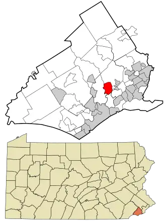 Location of Swarthmore in Delaware County (top) and of Delaware County in Pennsylvania (bottom)