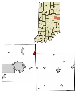 Location of Albany in Delaware County and Randolph County, Indiana.