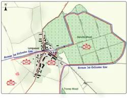 Colour map image depicting town and wood to the right of the town. Shows main access routes and positions of Allied and German forces on 15 July 1916