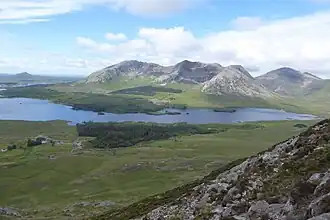 Lough Inagh from slopes of Letterbreckaun, with Derryclare (l), Bencorr (c), and Benbaun (r)