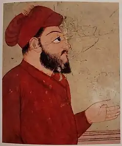 Detail of Ram Rai from a mural depicting Guru Nanak and Ram Rai listening to hymns together under a tree from the Bhai Bahlo Darwaza of the Darbar of Ram Rai in Dehradun, circa pre-1688