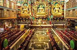Prayer hall at the Golden Temple in Bylakuppe, a Tibetan settlement in Karnataka