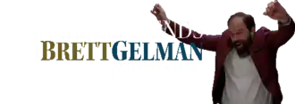 Brett Gelman with his arms raised on the right side, with the words "Dinner with Friends with Brett Gelman and Friends" on the left