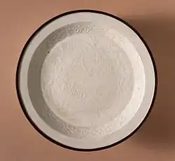 Dish with a Pair of Mandarin Ducks, moulded with impressed decoration and metal rim, diameter 5.5 in. (13.97 cm)