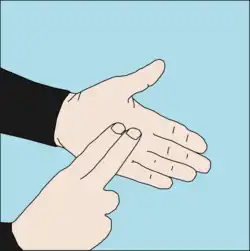 How much air do you have left?: One hand held flat, palm up, while index and middle finger of the other hand are placed on the palm.[40]
