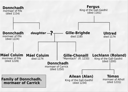 Names of Donnchadh and his relatives written in black as part of a genealogical table; grey background