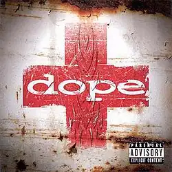 The band logo is over a rugged red cross. The rest of the background is burnt beige.