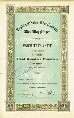 Share certificate of Drahtseilbahn-Gesellschaft Biel-Magglingen, issued 5. October 1886