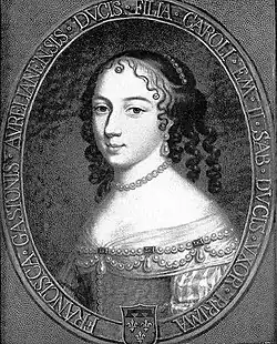 Black-and-white bust portrait of a young woman or girl. She has a small, oval face, with a prominent nose, almond-shaped eyes, thin, dark eyebrows, a small mouth, a high forehead, and a round chin. Her curly hair is pinned up, with some strands over her forehead and a line of pearls on top. She also has pearls around her neck and in her ear. The neckline of her dress is embellished with pearls and gemstones.