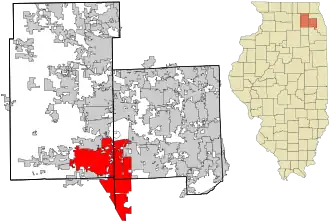 Location of Aurora in DuPage and Kane Counties, Illinois.