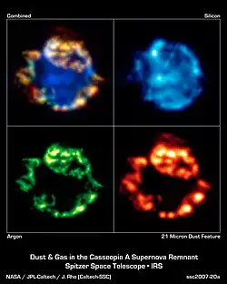 Cassiopeia A seen by Spitzer and showing different chemical elements and dust within the supernova remnant