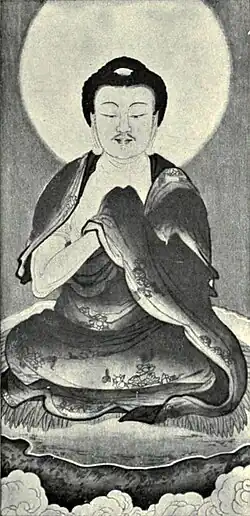 Black and white reproduction of a portrait of Sakyamuni (the Buddha), attributed to Wu Daozi, published in 12th edition of Encyclopædia Britannica (1911)