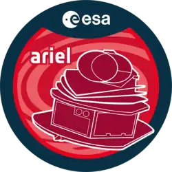 A grey opaque circle with the word "ARIEL" written in white across the circle's bottom half. A series of concentric circles close in on the black-colored dot in the "I", with the last circle colored yellow, representing an exoplanet transiting in front of a star.