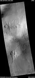 Gullies on two sides of a mound, as seen by HiRISE under HiWish program