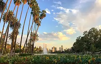 Echo Park Lake, with the Downtown Los Angeles skyline in the background