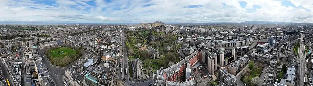 Edinburgh aerial photograph panorama taken from Princes Street, city centre.