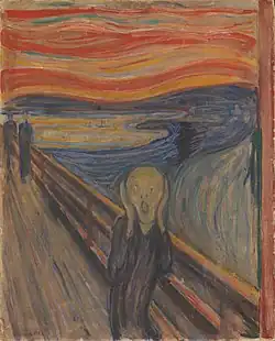 The Scream; by Edvard Munch; 1893; tempera and crayon on cardboard; 91 x 73.5 cm; National Gallery (Oslo, Norway)[231]