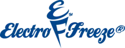 Electro Freeze's logo is a blue script typeface for the words of "Electro Freeze" with a capital letter E and capital letter F in the center, with the capital E representing soft serve ice cream and the capital F representing the cone.