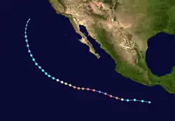 A track map of the path of a hurricane off the Pacific coast of Mexico; it initially moves westward, and then spends its entire life as a tropical cyclone curving gradually to the north