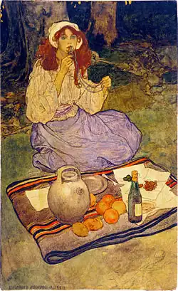 "Miguela, kneeling still, put it to her lip", Harper's Magazine, 1906