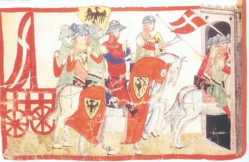 Giovanni Villani's illustration shows the capture of the Milanese Carroccio after the Battle of Cortenuova in 1237.