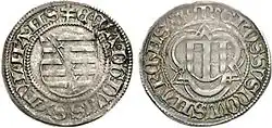 Elector Ernest, Duke Albert, Duke William III with Electress Margaret (1475–1482), Spitzgroschen from 1475, Colditz Mint (Margarethengroschen)