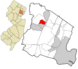 Location of Caldwell in Essex County highlighted in red (right). Inset map: Location of Essex County in New Jersey highlighted in orange (left).