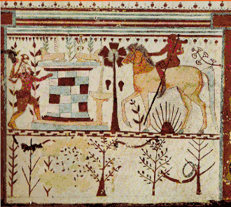 Troilus and Achilles, Etruscan. Tomb of the Bulls, Tarquinia, 6th century B.C.
