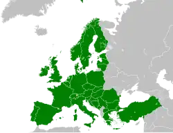 Map of Europe, with Eurail countries in green