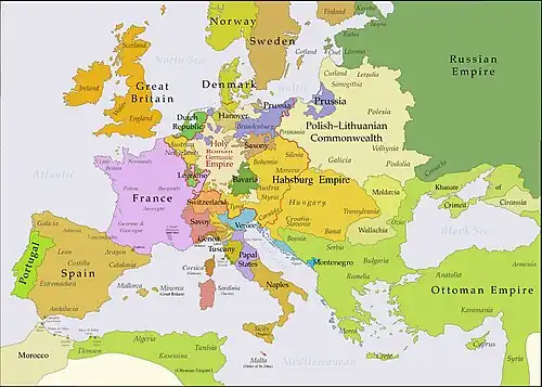Political map of Europe in 1740