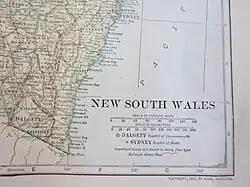 Part of a map of 1907 showing Dalgety as the capital of the Commonwealth of Australia. Mahkoolma is not shown but lies close to Bookham, which is shown in the County of Harden. Canberra, the eventual capital, did not then exist. Railway lines that existed in 1907 are shown as red lines. (The map is from the collection of the National Library of Australia.)