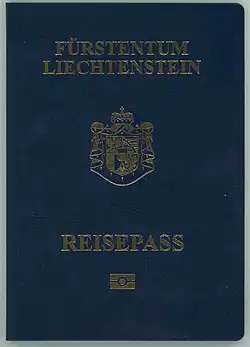 Cover of a Liechtenstein biometric passport. Cover is blue colour with a gold-coloured crest. Text reads "FÜRSTENTUM LIECHTENSTEIN" above the crest and "REISEPASS" below